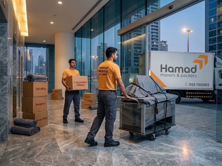 office movers in dubai, hamad movers team carefully packing and moving office furniture and equipment in Dubai, showcasing our commercial moving services