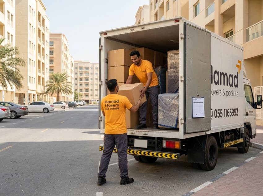 Affordable and professional Hamad Movers team completing a quality home move in Dubai with the same branded truck and trained crew