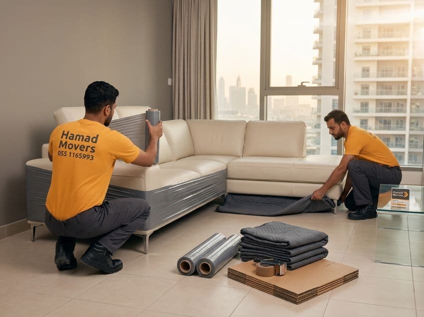 Hamad Movers team carefully wrapping and moving a large sofa in Dubai, showcasing our furniture moving services