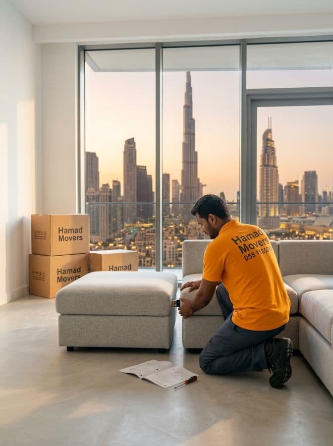 Hamad Movers professional assembling a modular sofa set in a newly moved-in Dubai high-rise apartment - Hamad Movers Dubai