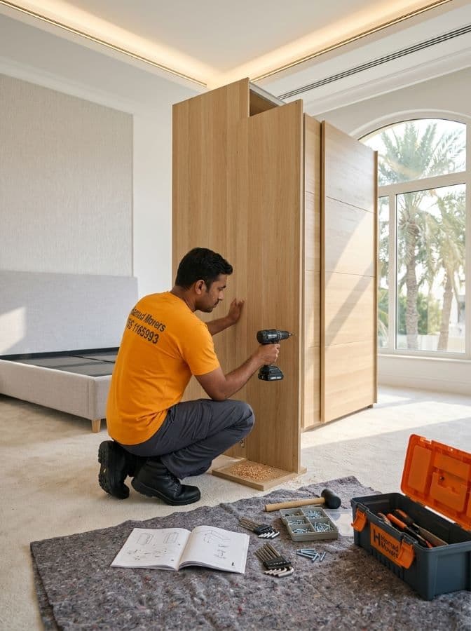 Hamad Movers technician assembling a wardrobe inside a modern Dubai villa bedroom - Hamad Movers Dubai