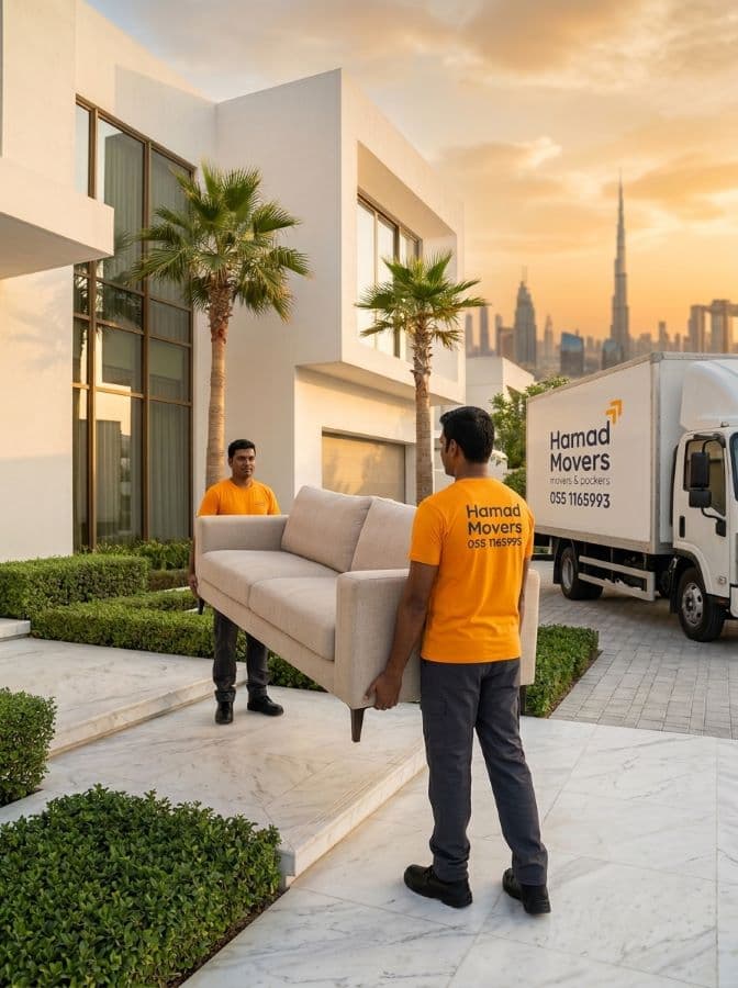 Hamad Movers professional movers carrying furniture outside a luxury Dubai villa with Burj Khalifa skyline in background - Hamad Movers Dubai