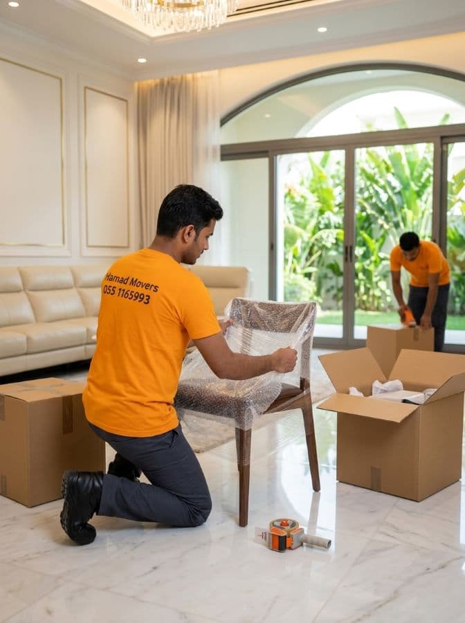 Hamad Movers packing team wrapping furniture with bubble wrap inside a modern Dubai villa living room - Hamad Movers Dubai