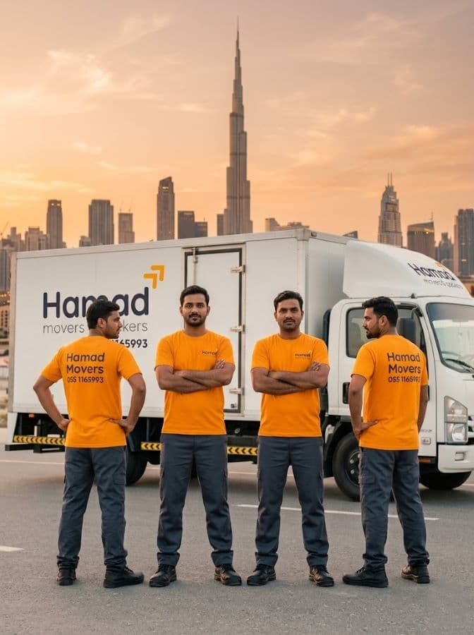 Hamad Movers professional moving team standing in front of branded truck with Burj Khalifa in background Dubai - Hamad Movers Dubai