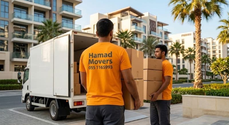 Professional house movers in Dubai carrying boxes during a home shifting service by Hamad Movers
