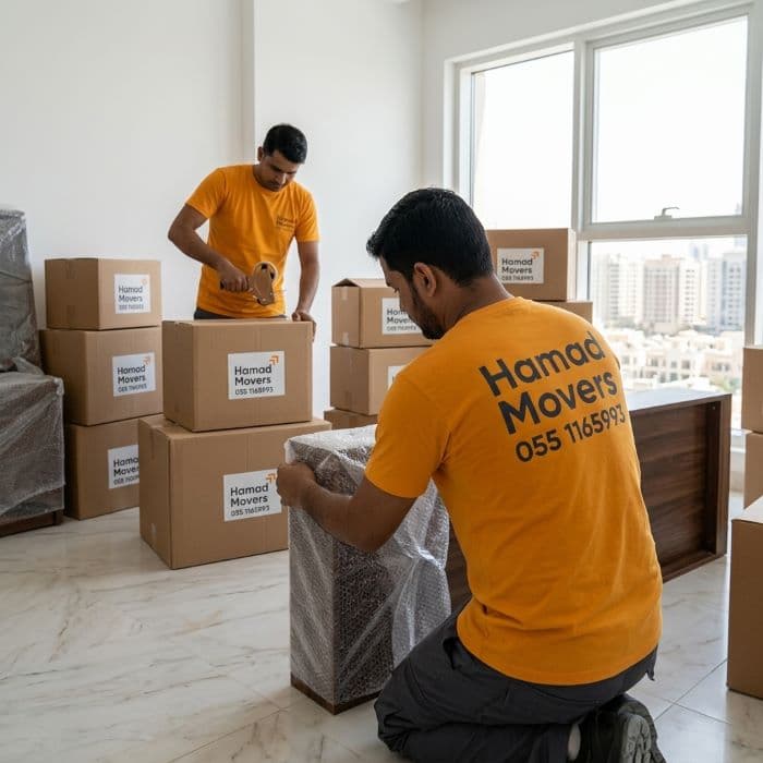Professional furniture movers in Abu Dhabi packing a sofa for a villa relocation service by Hamad Movers