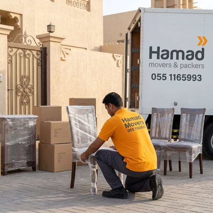 Hamad Movers packing and wrapping furniture in Sharjah – professional movers UAE