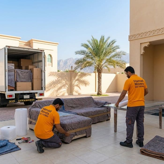 Villa movers in Ras Al Khaimah packing furniture for a relocation service by Hamad Movers