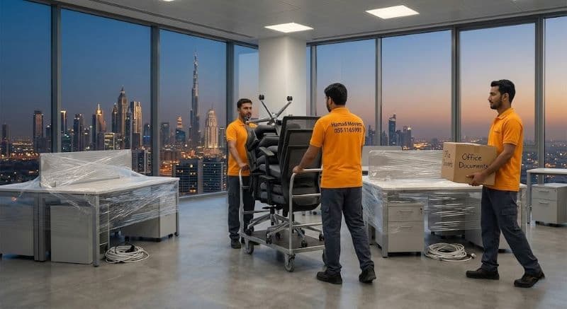 Hamad Movers team handling office relocation in Dubai with professional packing and transport